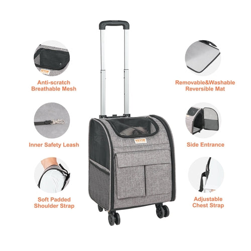 Rolling Cat Carrier with Wheels – Telescopic Handle & 3-Way Carry